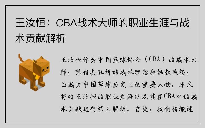 王汝恒：CBA战术大师的职业生涯与战术贡献解析