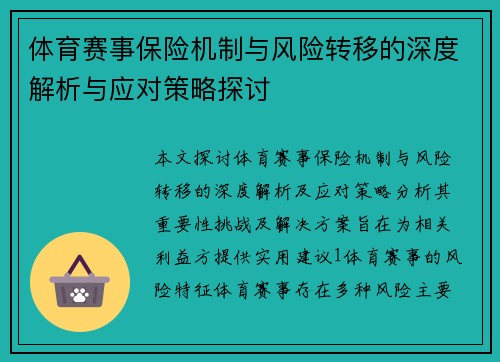 体育赛事保险机制与风险转移的深度解析与应对策略探讨