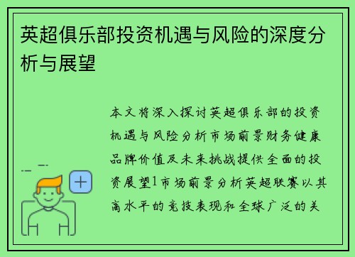 英超俱乐部投资机遇与风险的深度分析与展望